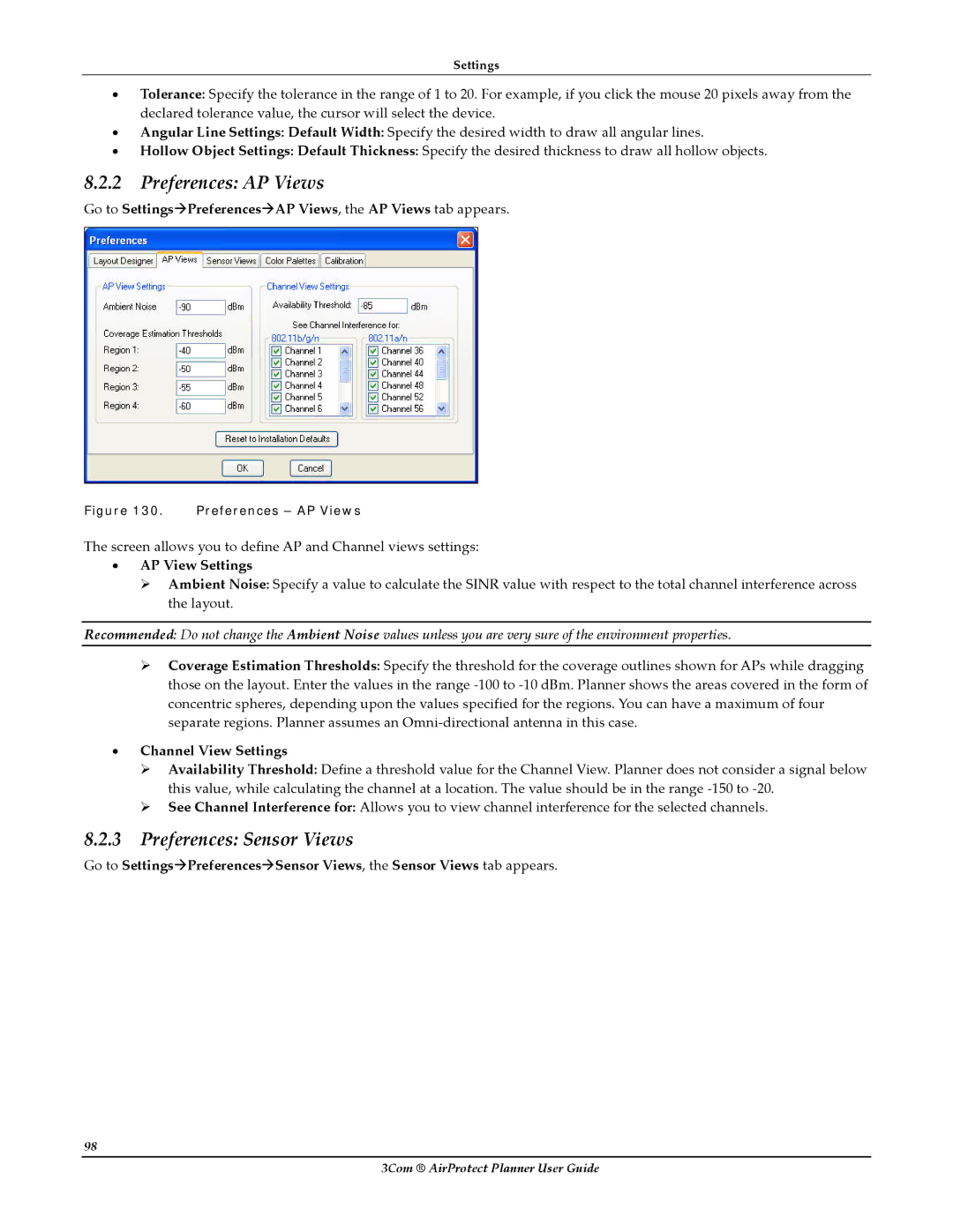 HP AirProtect Security Software Preferences AP Views, Preferences Sensor Views, AP View Settings, Channel View Settings 