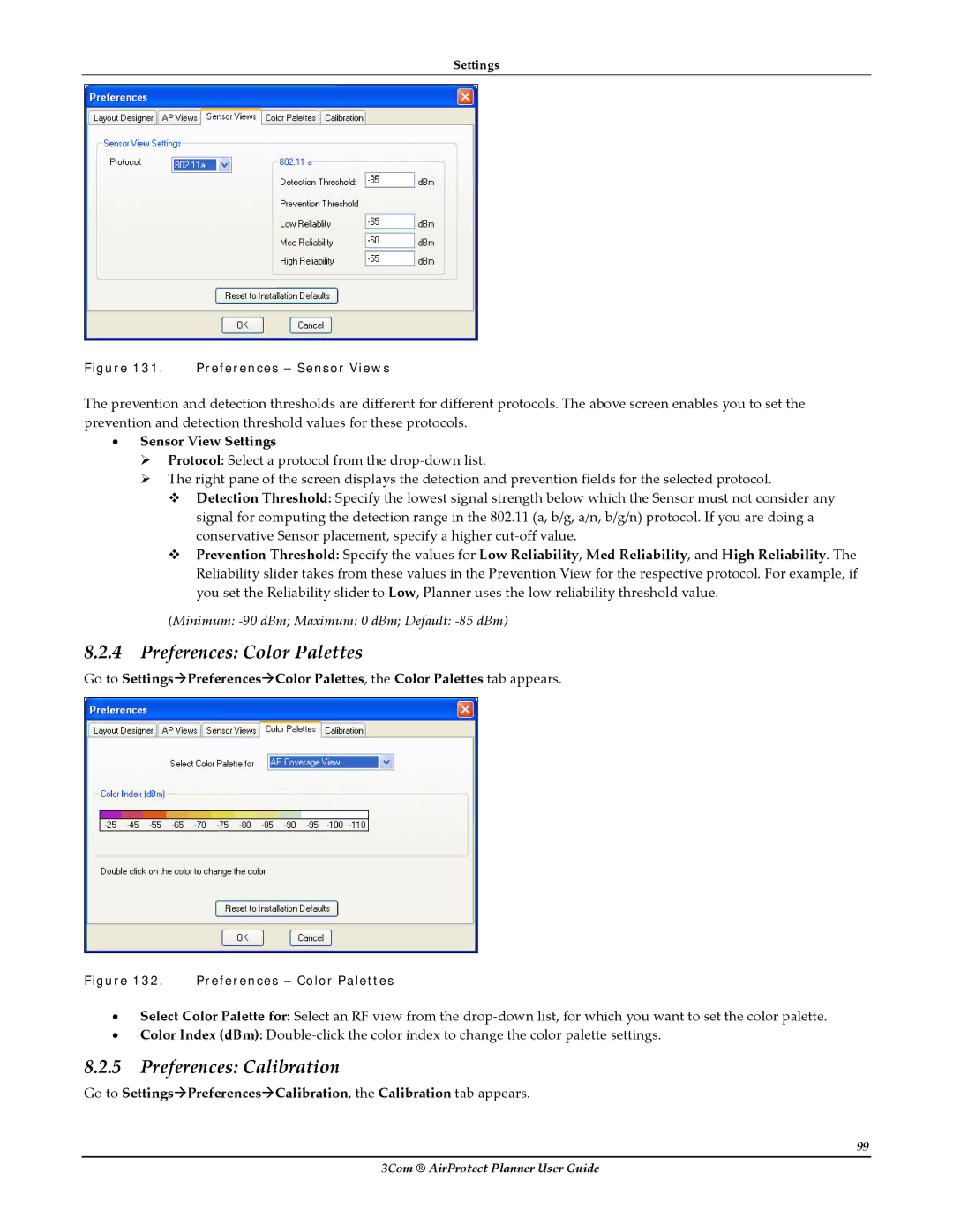 HP AirProtect Security Software manual Preferences Color Palettes, Preferences Calibration, Sensor View Settings 