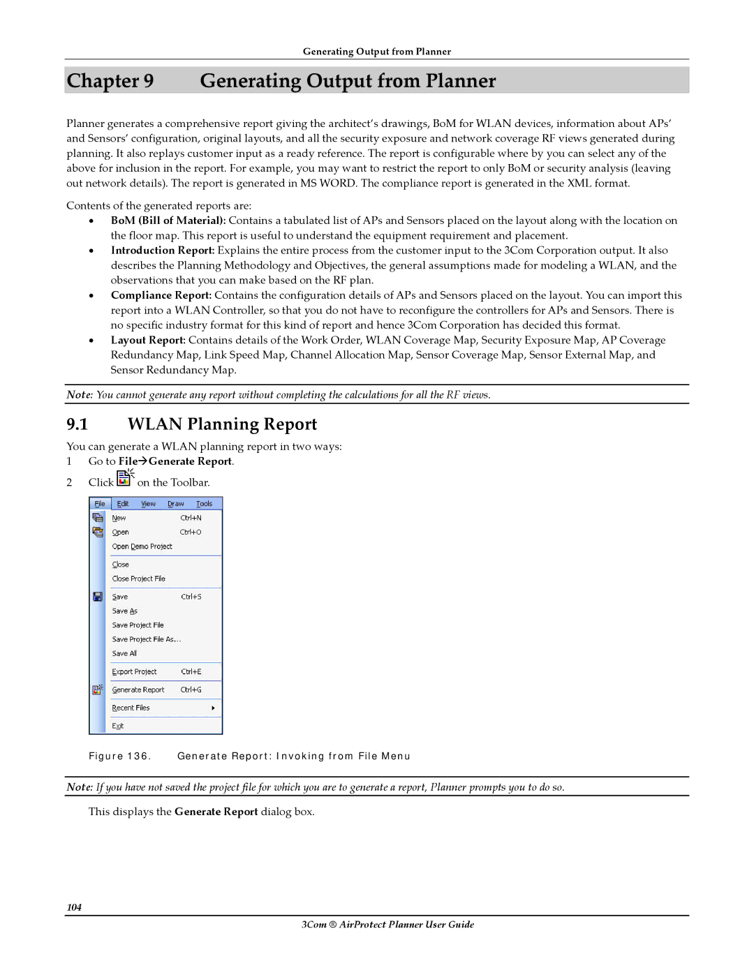 HP AirProtect Security Software manual Generating Output from Planner, Wlan Planning Report, Go to FileÆGenerate Report 