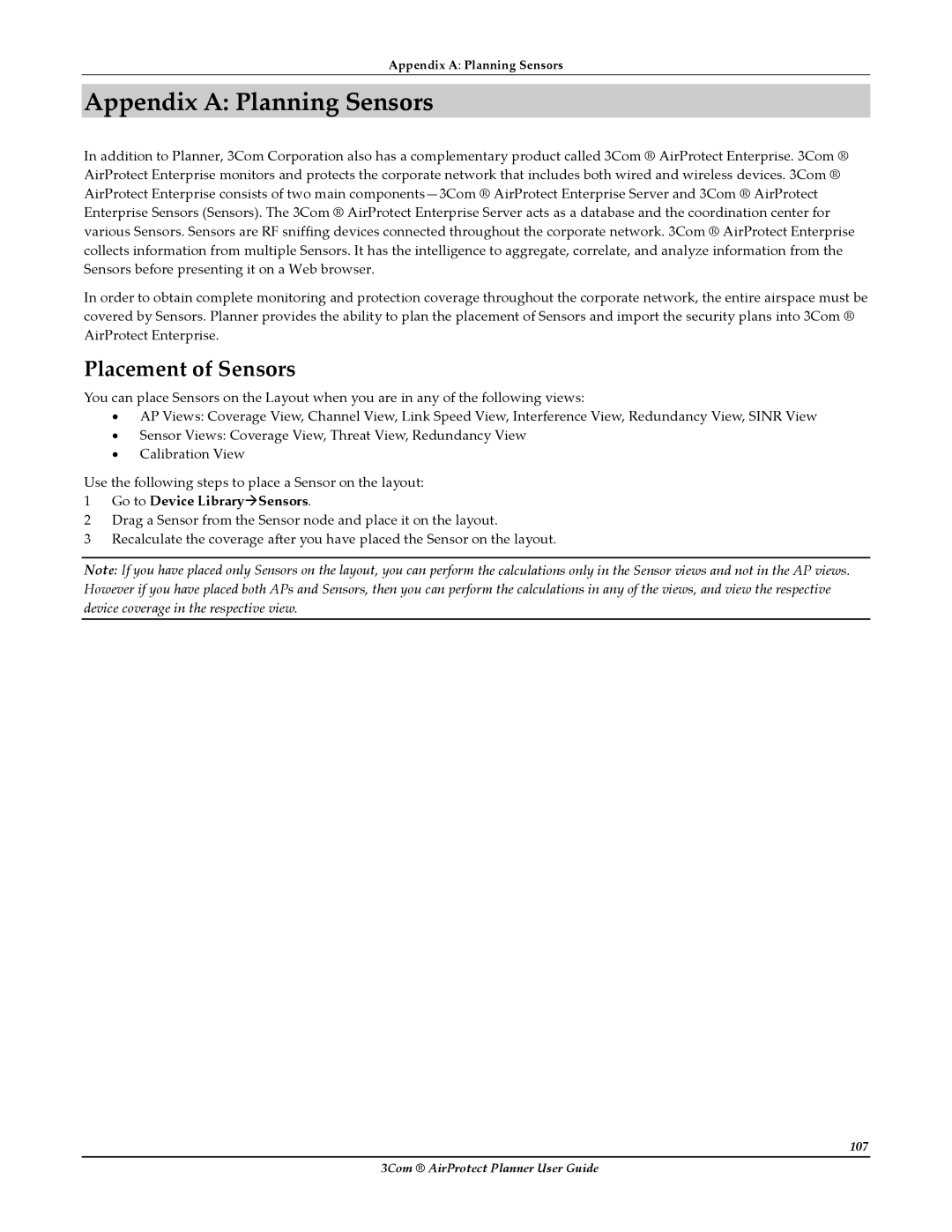 HP AirProtect Security Software manual Appendix a Planning Sensors, Placement of Sensors, Go to Device LibraryÆSensors 