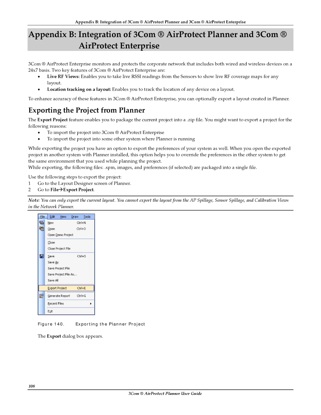 HP AirProtect Security Software manual Exporting the Project from Planner, Go to FileÆExport Project 