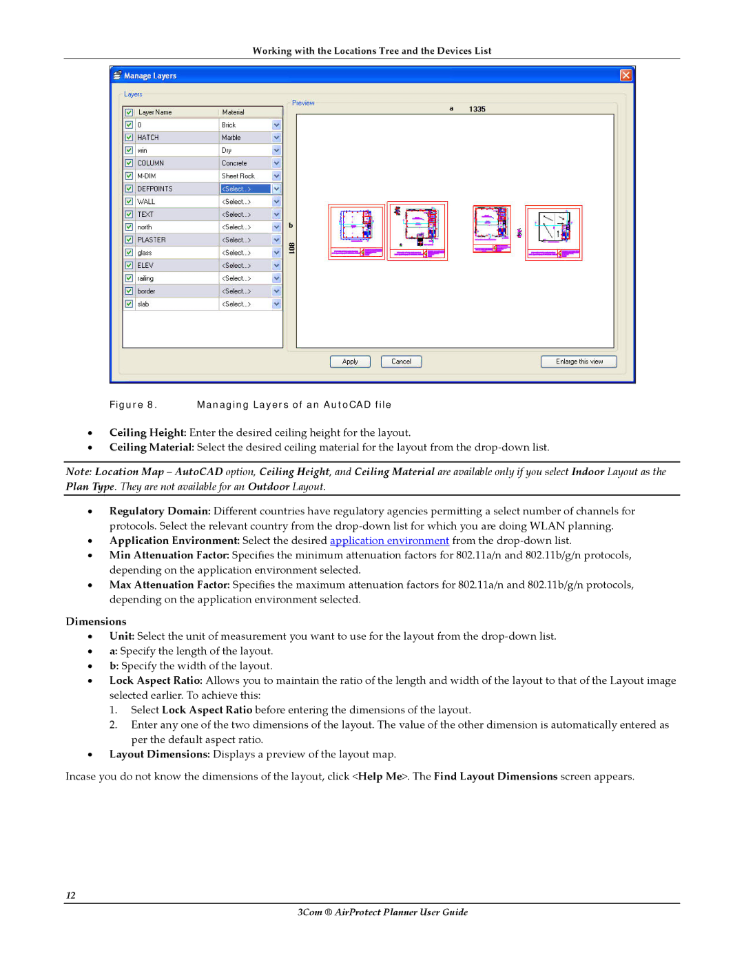 HP AirProtect Security Software manual Dimensions, Managing Layers of an AutoCAD file 