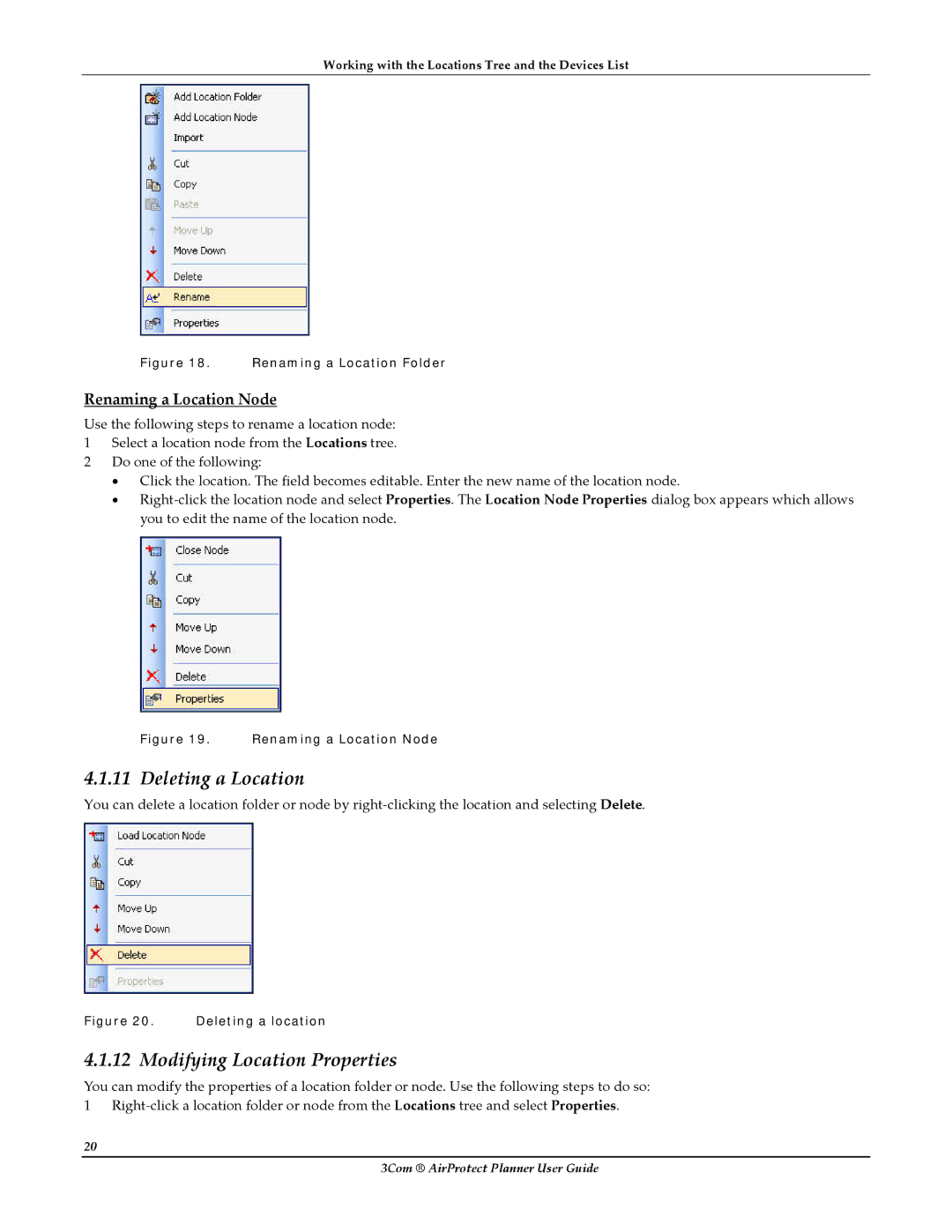 HP AirProtect Security Software manual Deleting a Location, Modifying Location Properties, Renaming a Location Node 