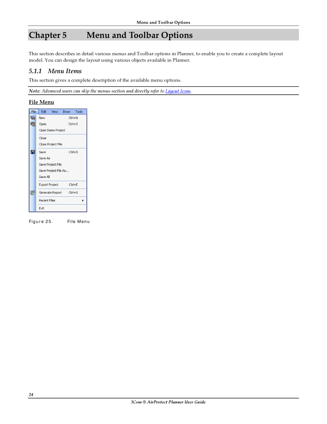 HP AirProtect Security Software manual Menu and Toolbar Options, Menu Items, File Menu 