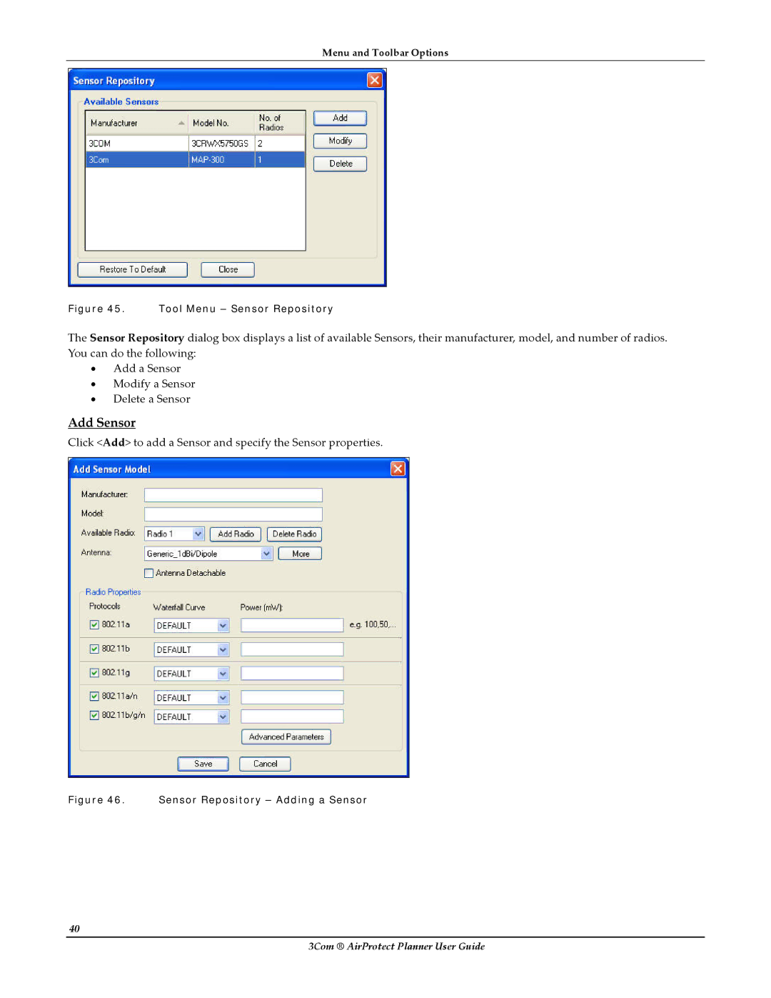 HP AirProtect Security Software manual Add Sensor, Click Add to add a Sensor and specify the Sensor properties 