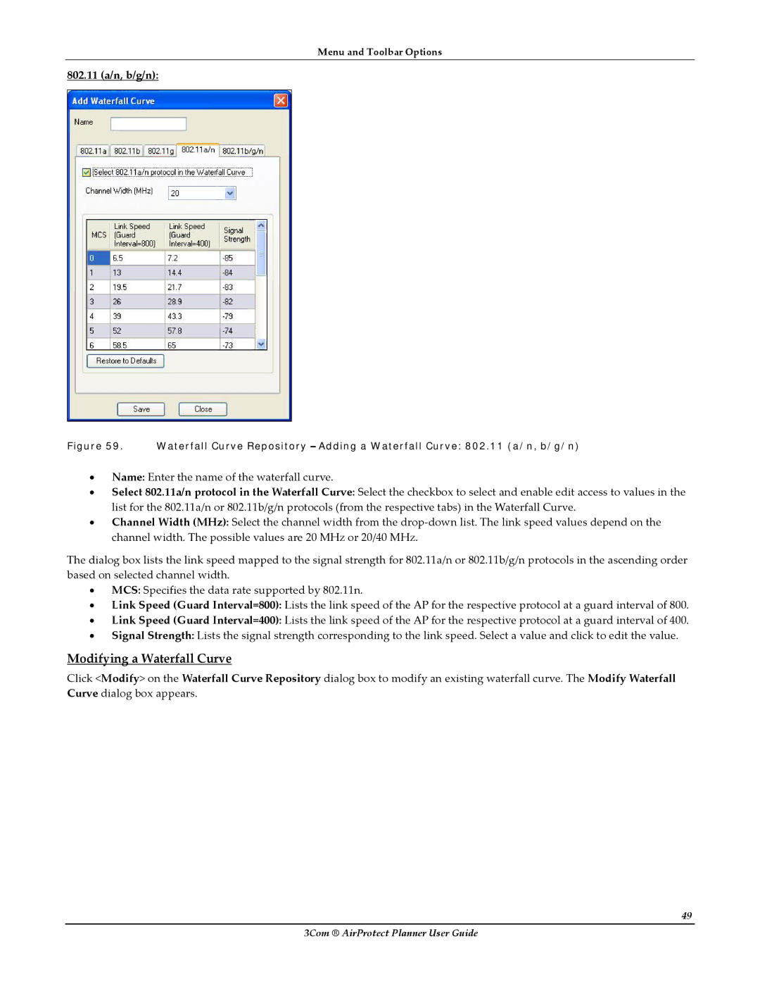 HP AirProtect Security Software manual Modifying a Waterfall Curve, 802.11 a/n, b/g/n 