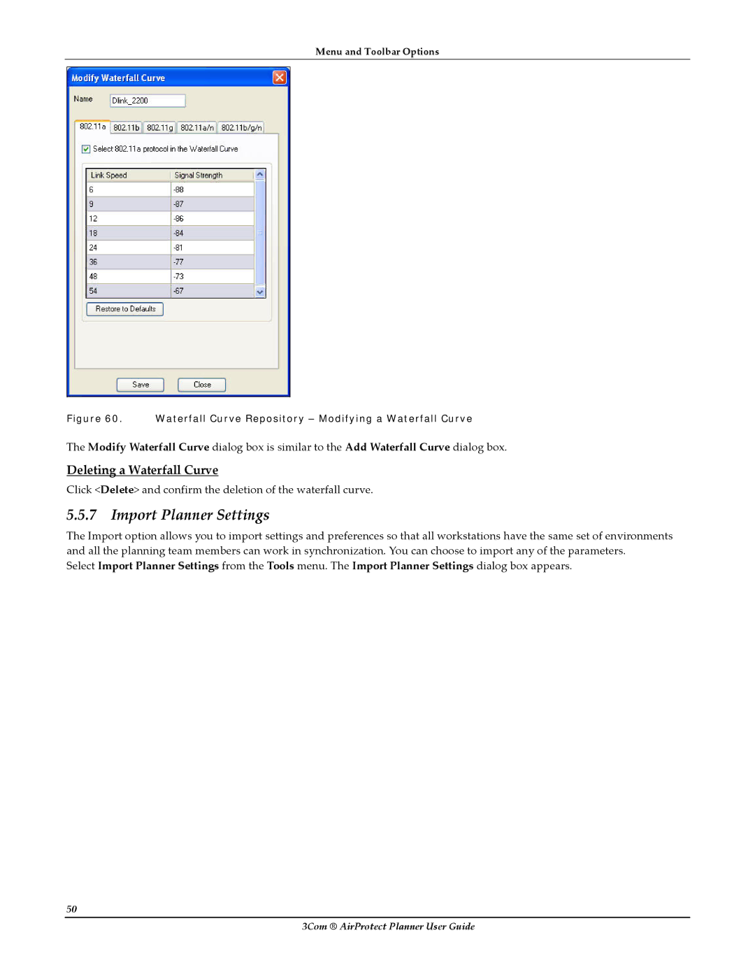 HP AirProtect Security Software manual Import Planner Settings, Deleting a Waterfall Curve 