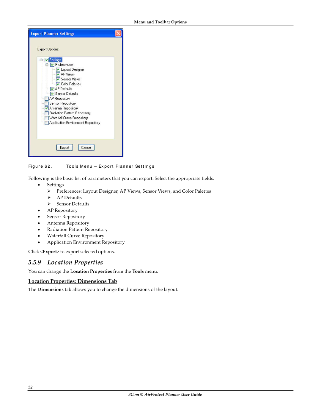 HP AirProtect Security Software manual Location Properties Dimensions Tab 