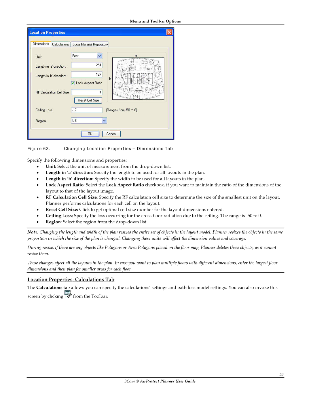 HP AirProtect Security Software manual Location Properties Calculations Tab, Changing Location Properties Dimensions Tab 