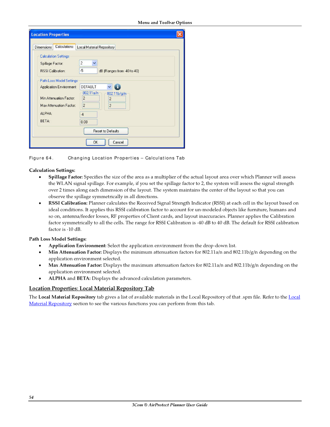 HP AirProtect Security Software manual Location Properties Local Material Repository Tab, Calculation Settings 