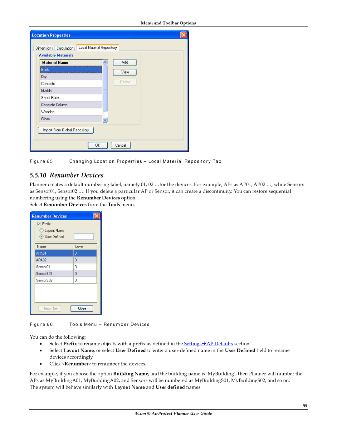 HP AirProtect Security Software manual Renumber Devices, Changing Location Properties Local Material Repository Tab 