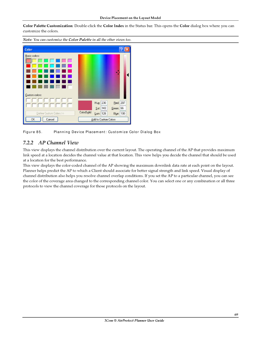 HP AirProtect Security Software manual AP Channel View, Planning Device Placement Customize Color Dialog Box 