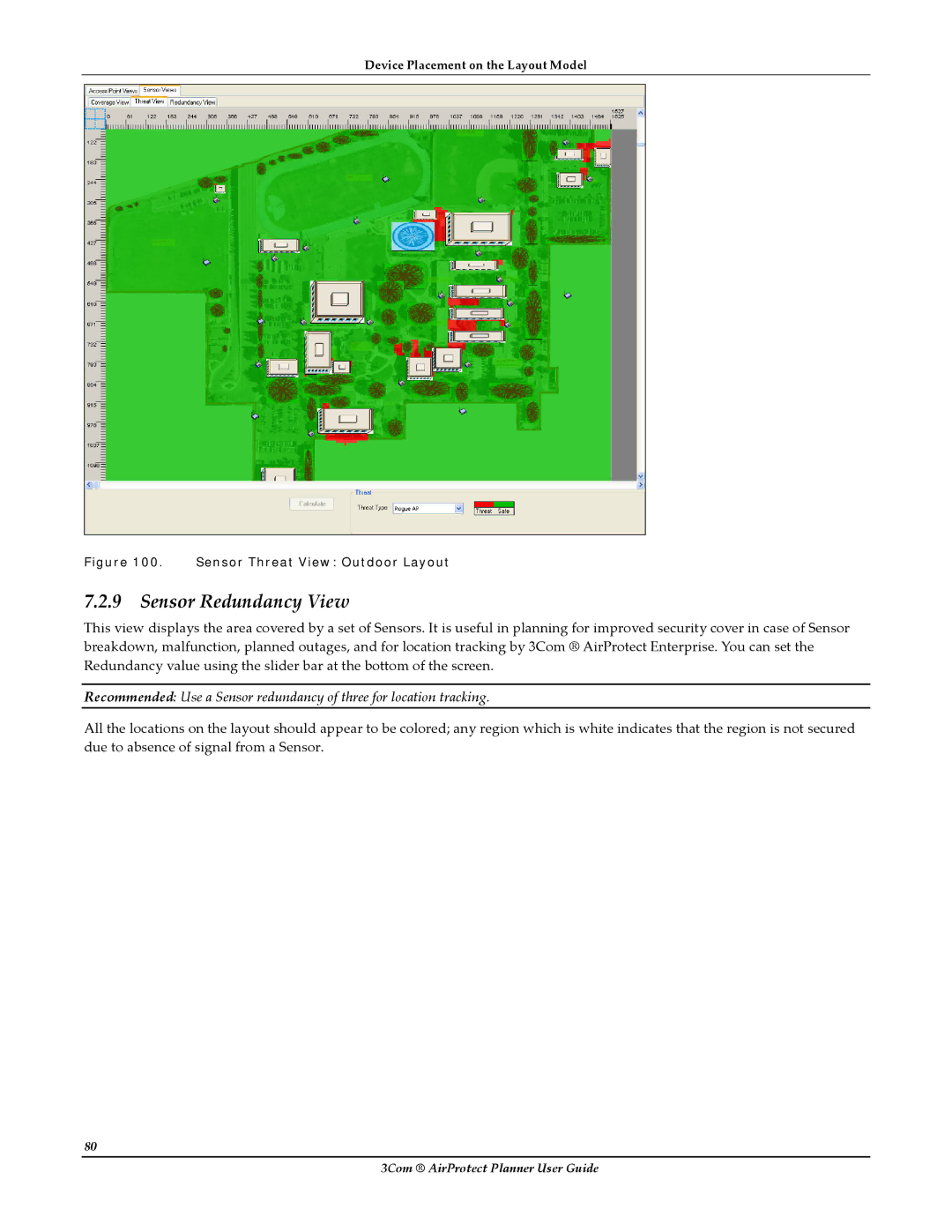 HP AirProtect Security Software manual Sensor Redundancy View, Sensor Threat View Outdoor Layout 