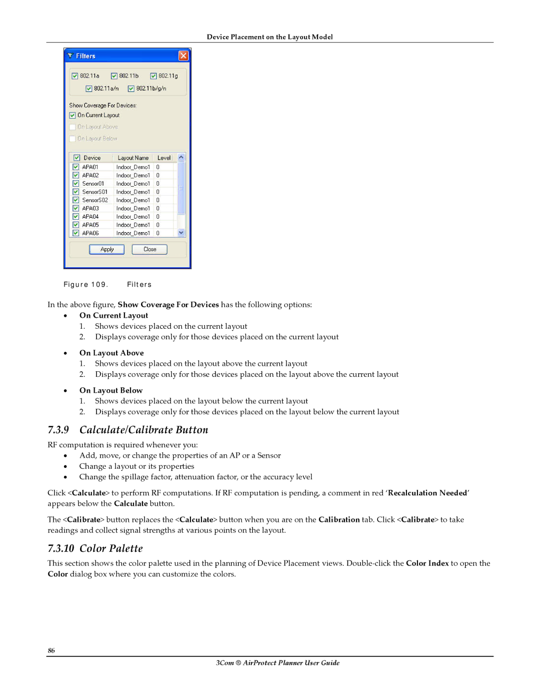 HP AirProtect Security Software manual Calculate/Calibrate Button, Color Palette, On Current Layout, On Layout Above 