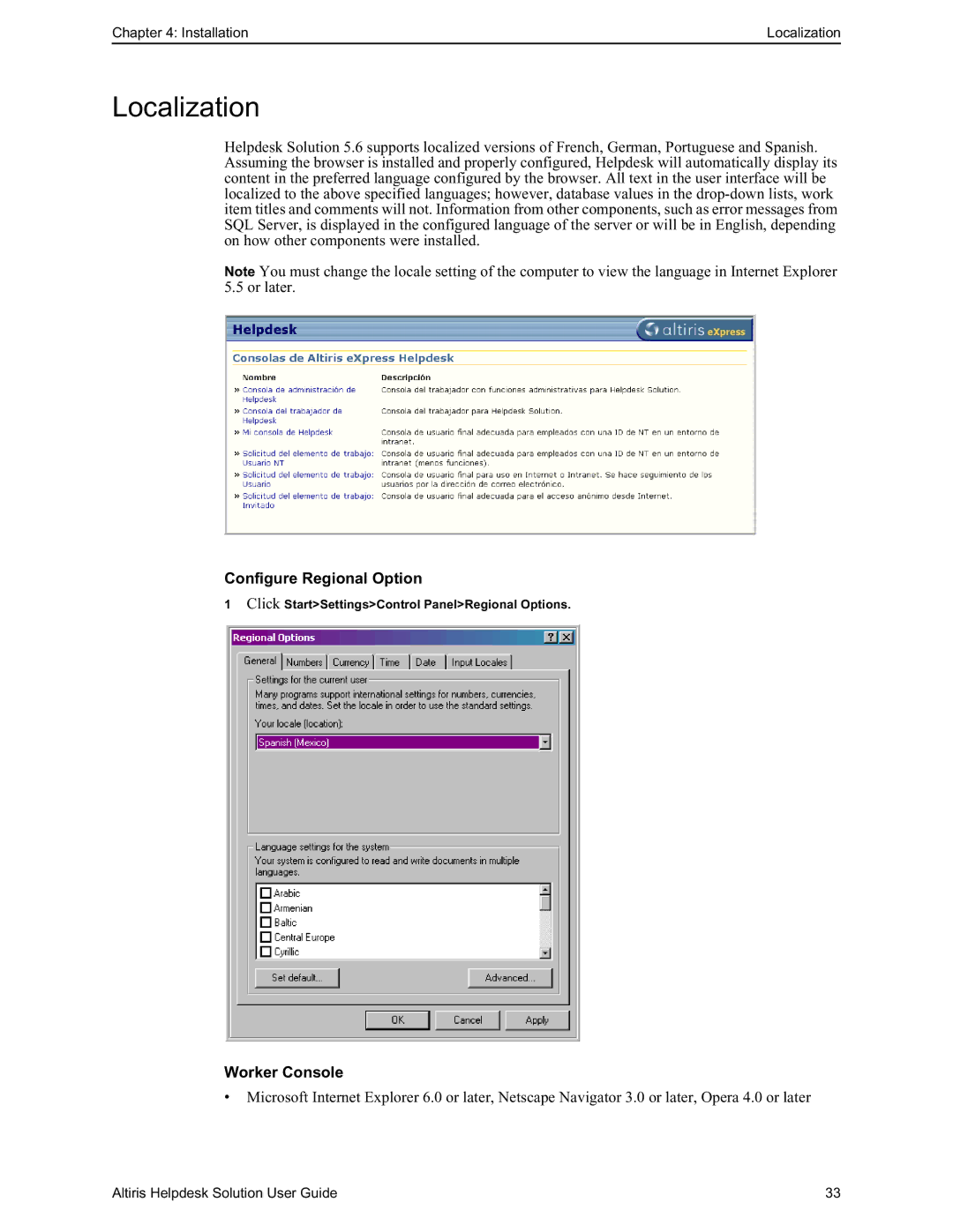 HP Altris eXpress Helpdesk Solution 5.6 SP1 manual Localization, Configure Regional Option 