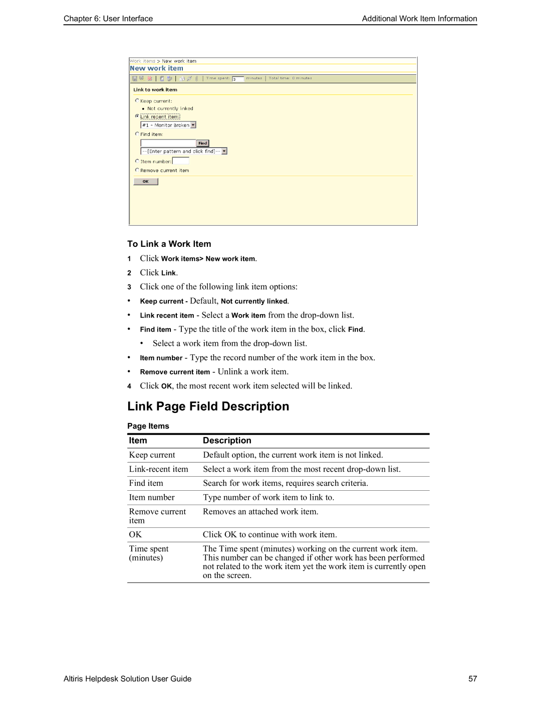 HP Altris eXpress Helpdesk Solution 5.6 SP1 manual Link Page Field Description, To Link a Work Item 