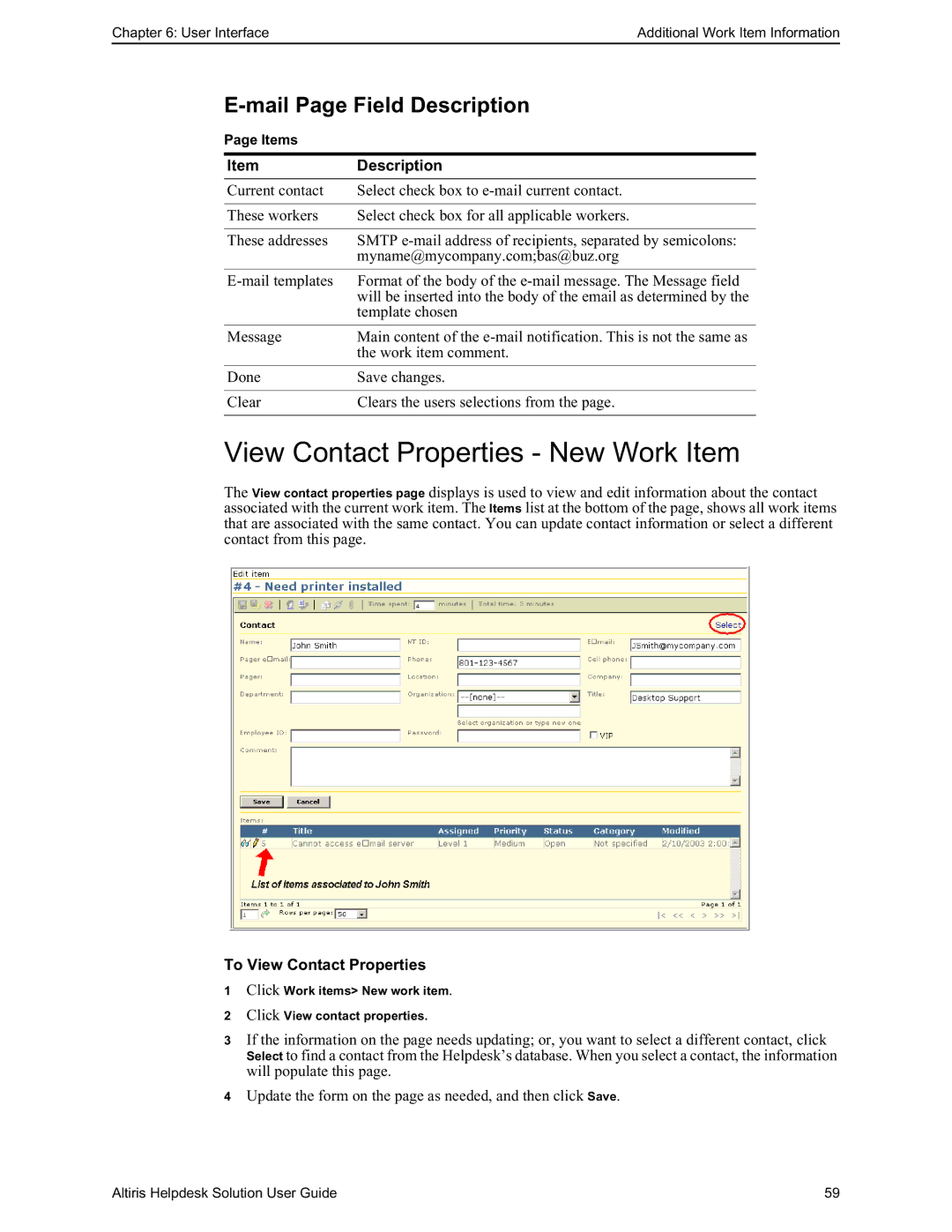 HP Altris eXpress Helpdesk Solution 5.6 SP1 manual View Contact Properties New Work Item, Mail Page Field Description 