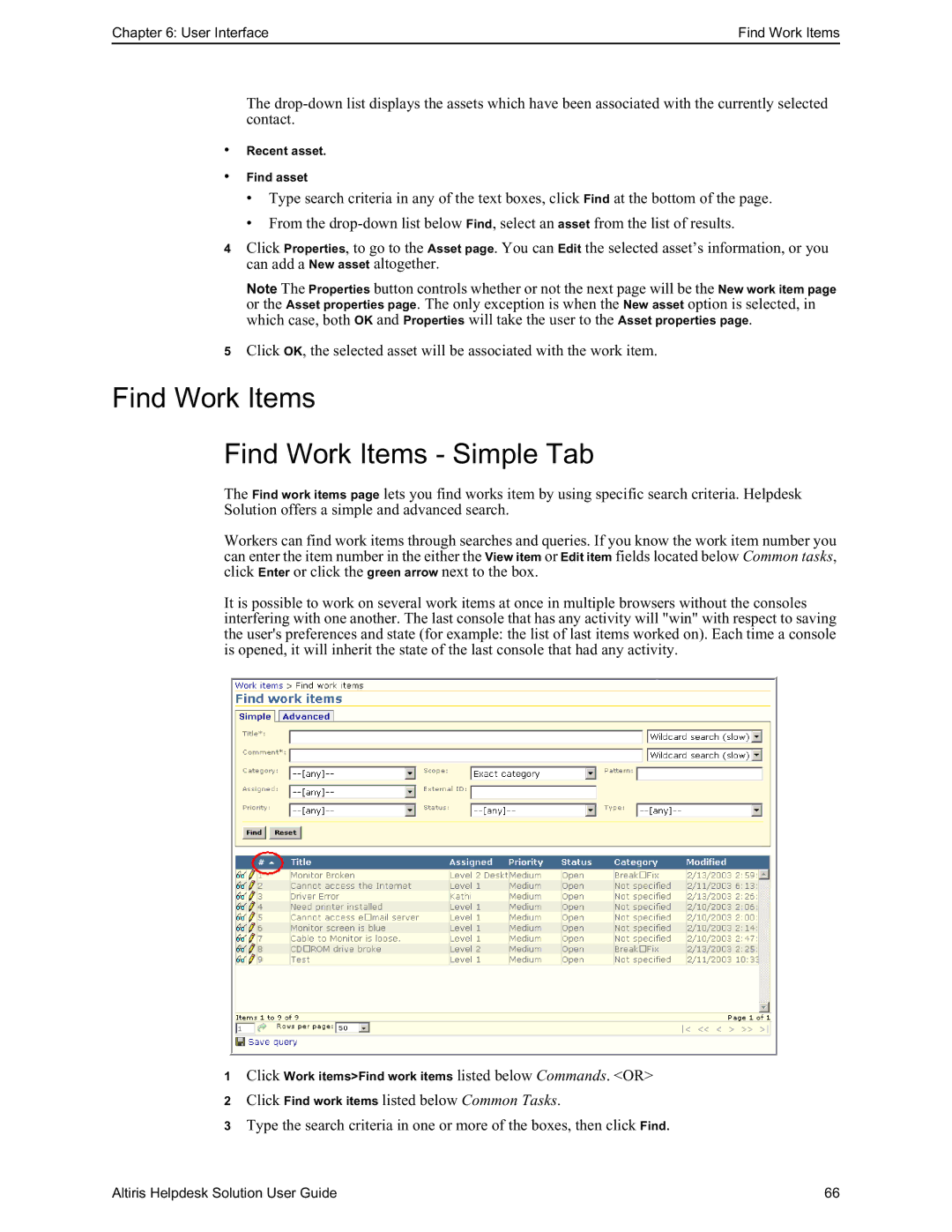 HP Altris eXpress Helpdesk Solution 5.6 SP1 manual Find Work Items Find Work Items Simple Tab 