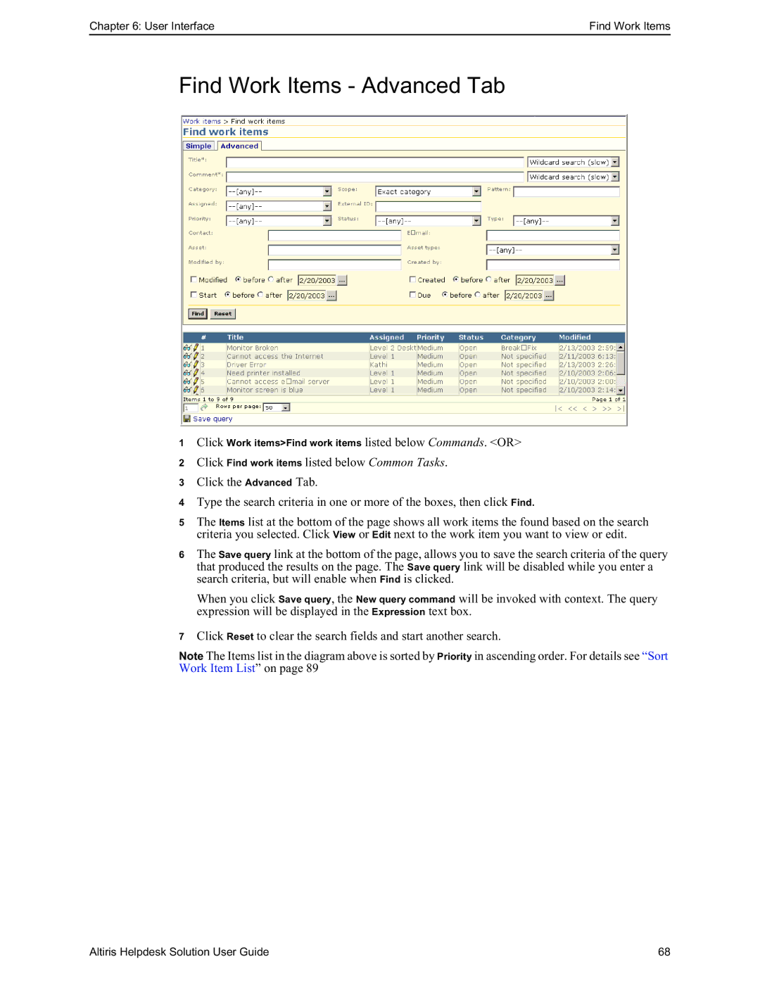 HP Altris eXpress Helpdesk Solution 5.6 SP1 manual Find Work Items Advanced Tab 