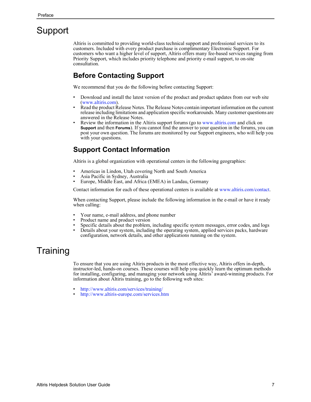 HP Altris eXpress Helpdesk Solution 5.6 SP1 manual Training, Before Contacting Support, Support Contact Information 