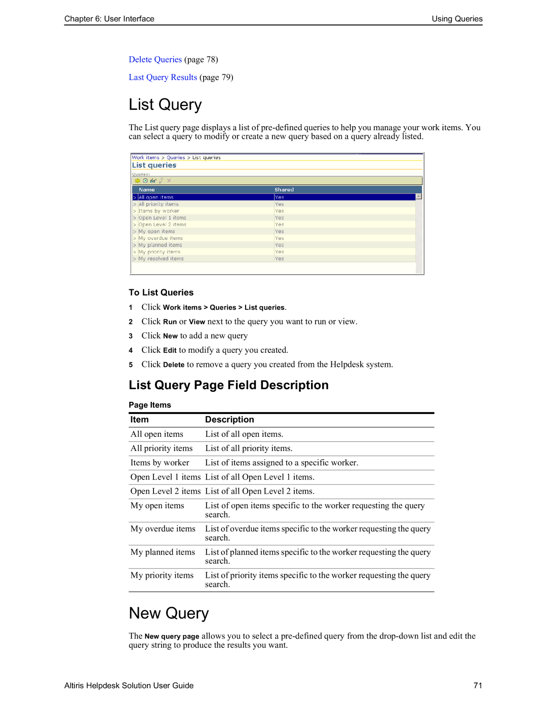 HP Altris eXpress Helpdesk Solution 5.6 SP1 manual New Query, List Query Page Field Description, To List Queries 