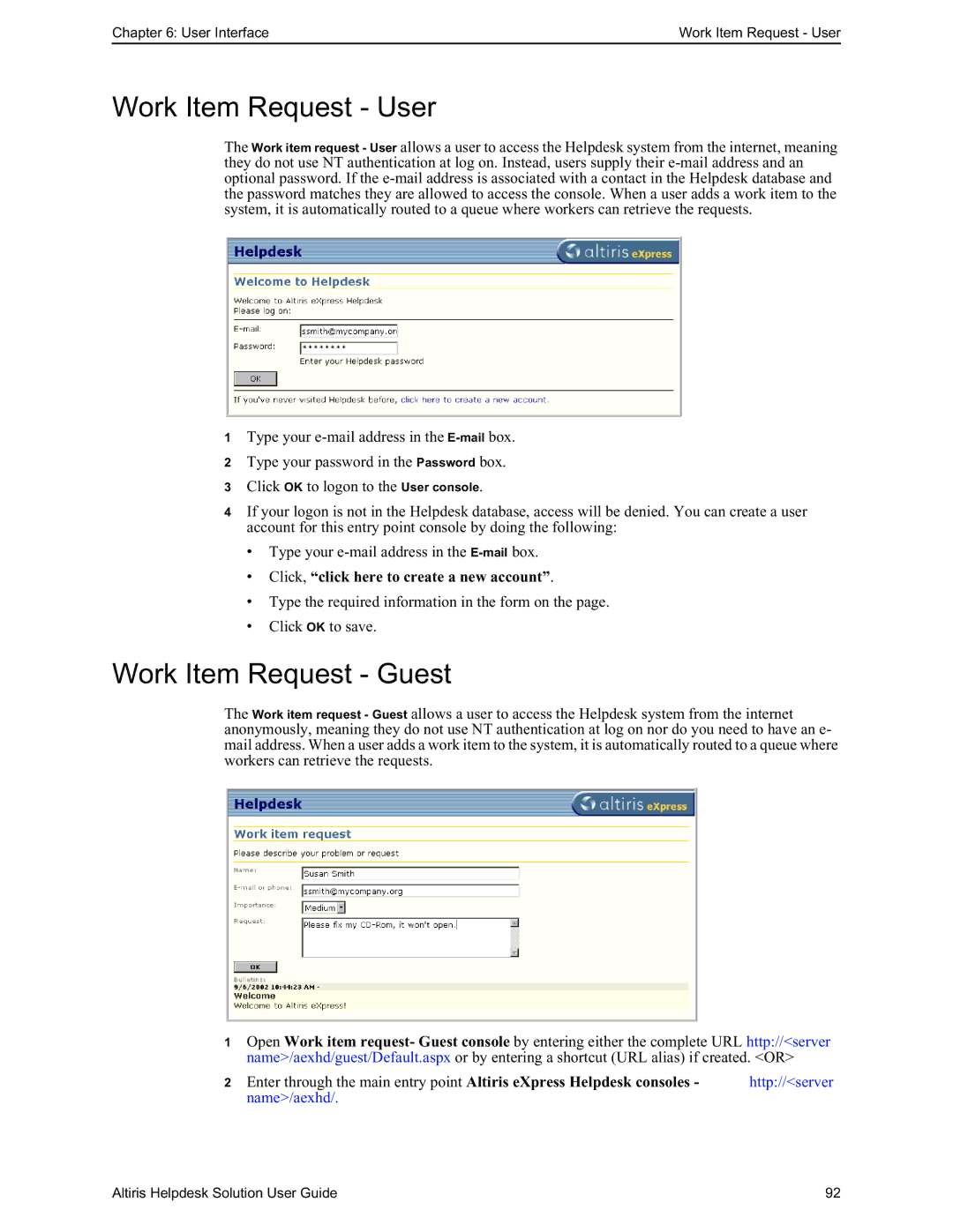 HP Altris eXpress Helpdesk Solution 5.6 SP1 manual Work Item Request User, Work Item Request Guest 