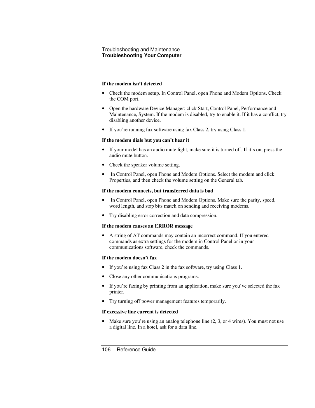 HP AMC20493-001 manual If the modem isn’t detected, If the modem dials but you can’t hear it, If the modem doesn’t fax 