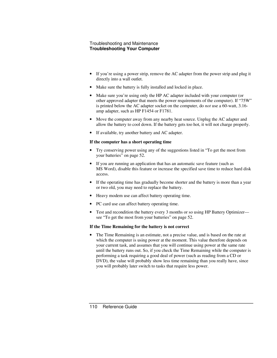 HP AMC20493-001 manual If the computer has a short operating time, If the Time Remaining for the battery is not correct 