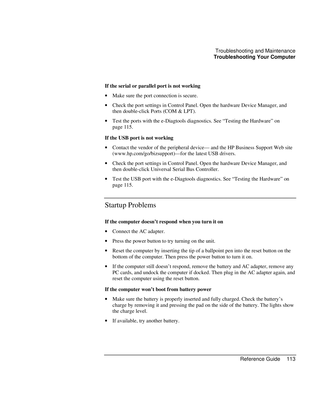HP AMC20493-001-KT3 manual Startup Problems, If the serial or parallel port is not working, If the USB port is not working 