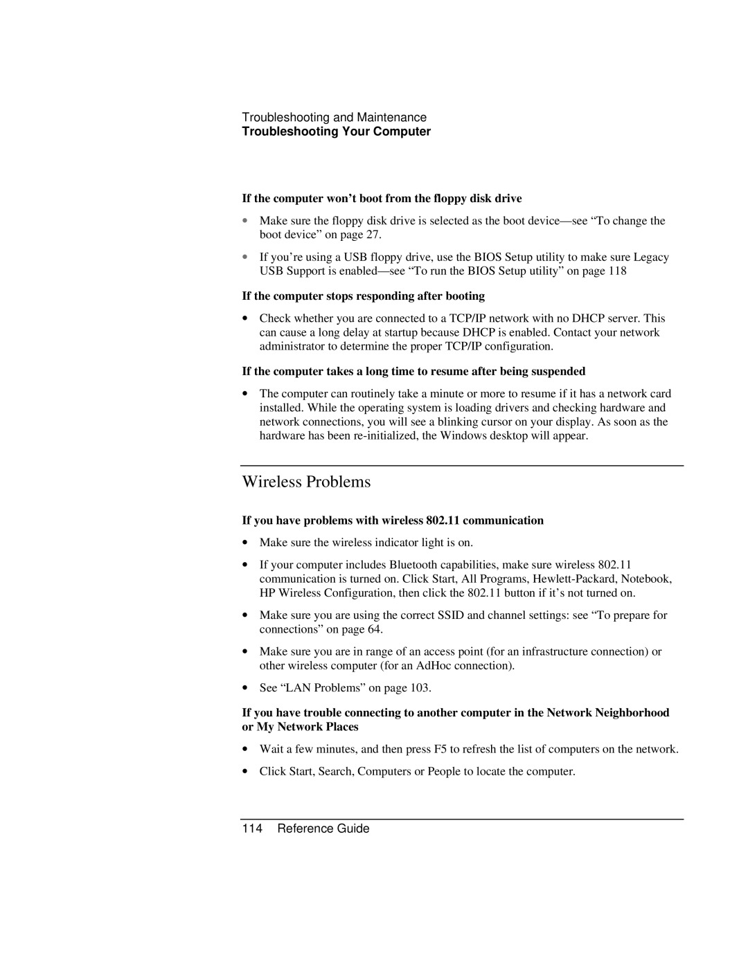 HP AMC20493-001-KT5, AMC20493-001-KT3 manual Wireless Problems, If the computer won’t boot from the floppy disk drive 