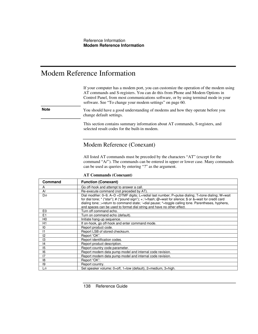 HP AMC20493-001 manual Modem Reference Information, Modem Reference Conexant, AT Commands Conexant, Function Conexant 