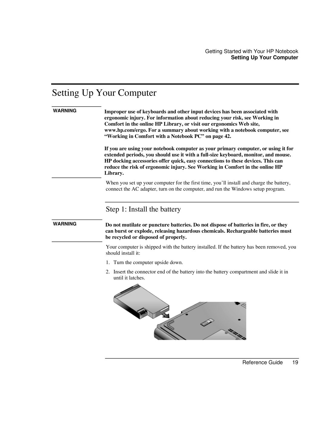 HP AMC20493-001-KT1, AMC20493-001-KT5, AMC20493-001-KT3 manual Setting Up Your Computer, Install the battery 