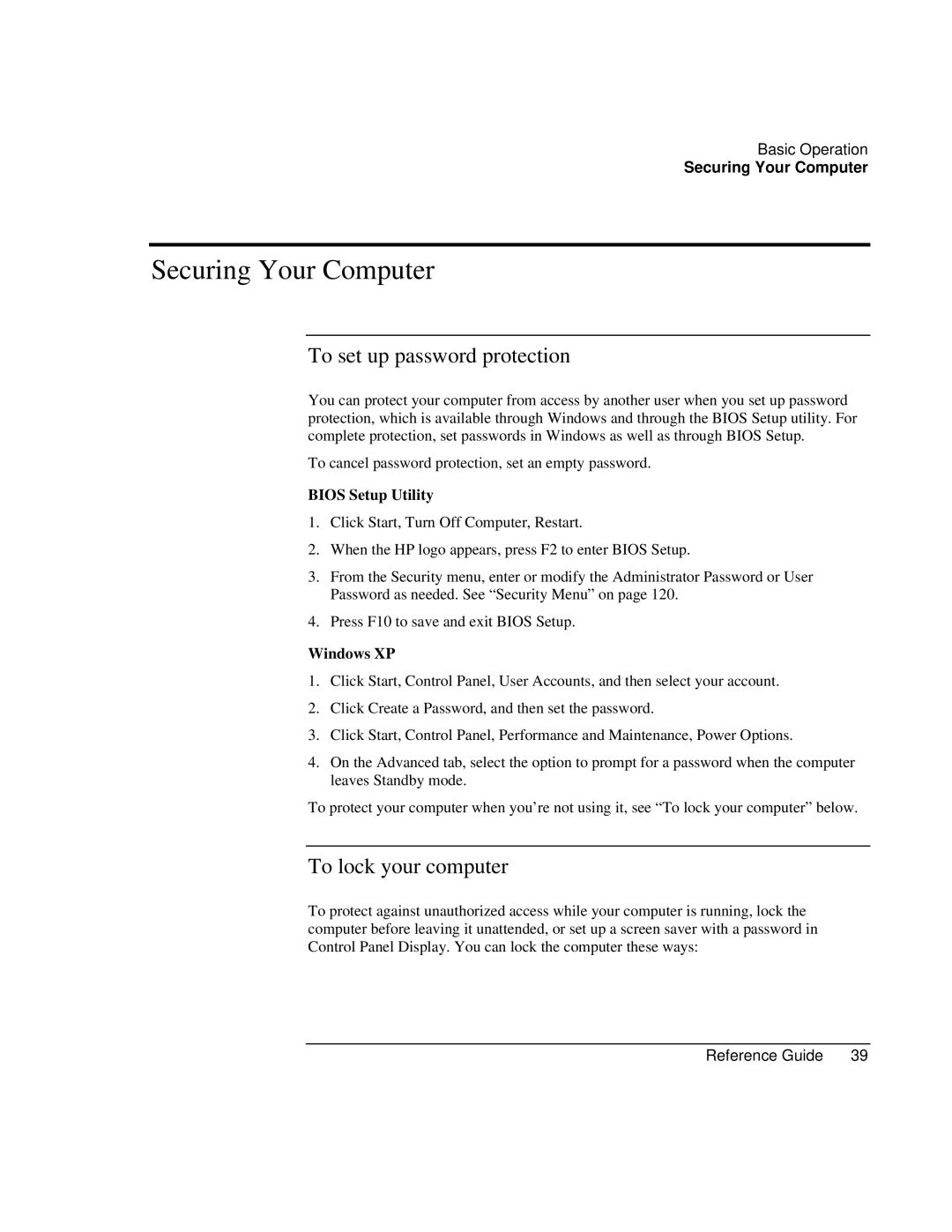 HP AMC20493-001-KT1 manual Securing Your Computer, To set up password protection, To lock your computer, Bios Setup Utility 