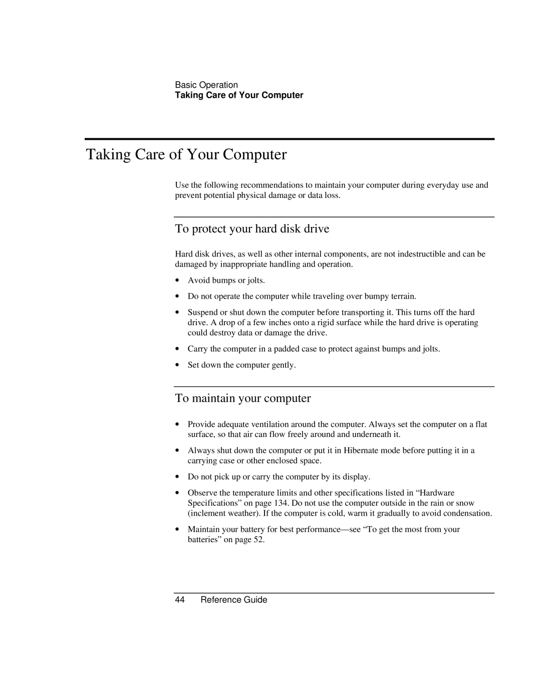 HP AMC20493-001-KT5 manual Taking Care of Your Computer, To protect your hard disk drive, To maintain your computer 