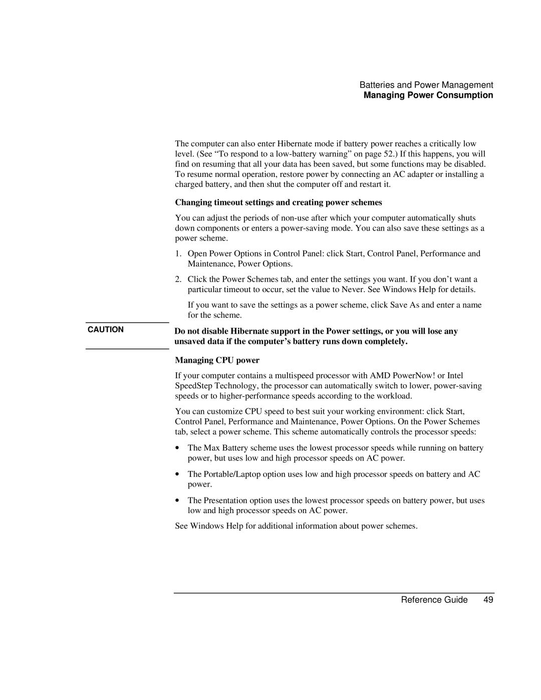 HP AMC20493-001-KT3, AMC20493-001-KT5 manual Changing timeout settings and creating power schemes, Managing CPU power 