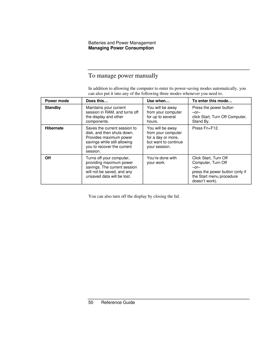 HP AMC20493-001-KT5, AMC20493-001-KT3, AMC20493-001-KT1 To manage power manually, Off 