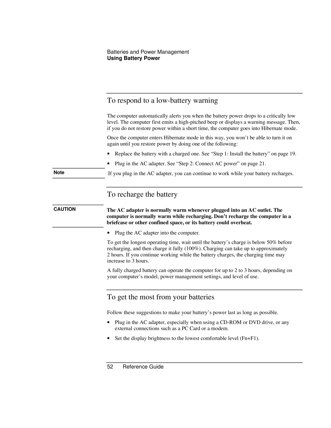 HP AMC20493-001-KT5 To respond to a low-battery warning, To recharge the battery, To get the most from your batteries 