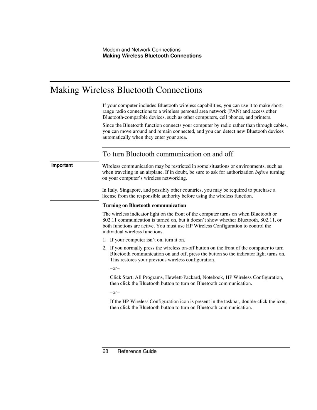 HP AMC20493-001-KT5, AMC20493-001-KT3 Making Wireless Bluetooth Connections, To turn Bluetooth communication on and off 