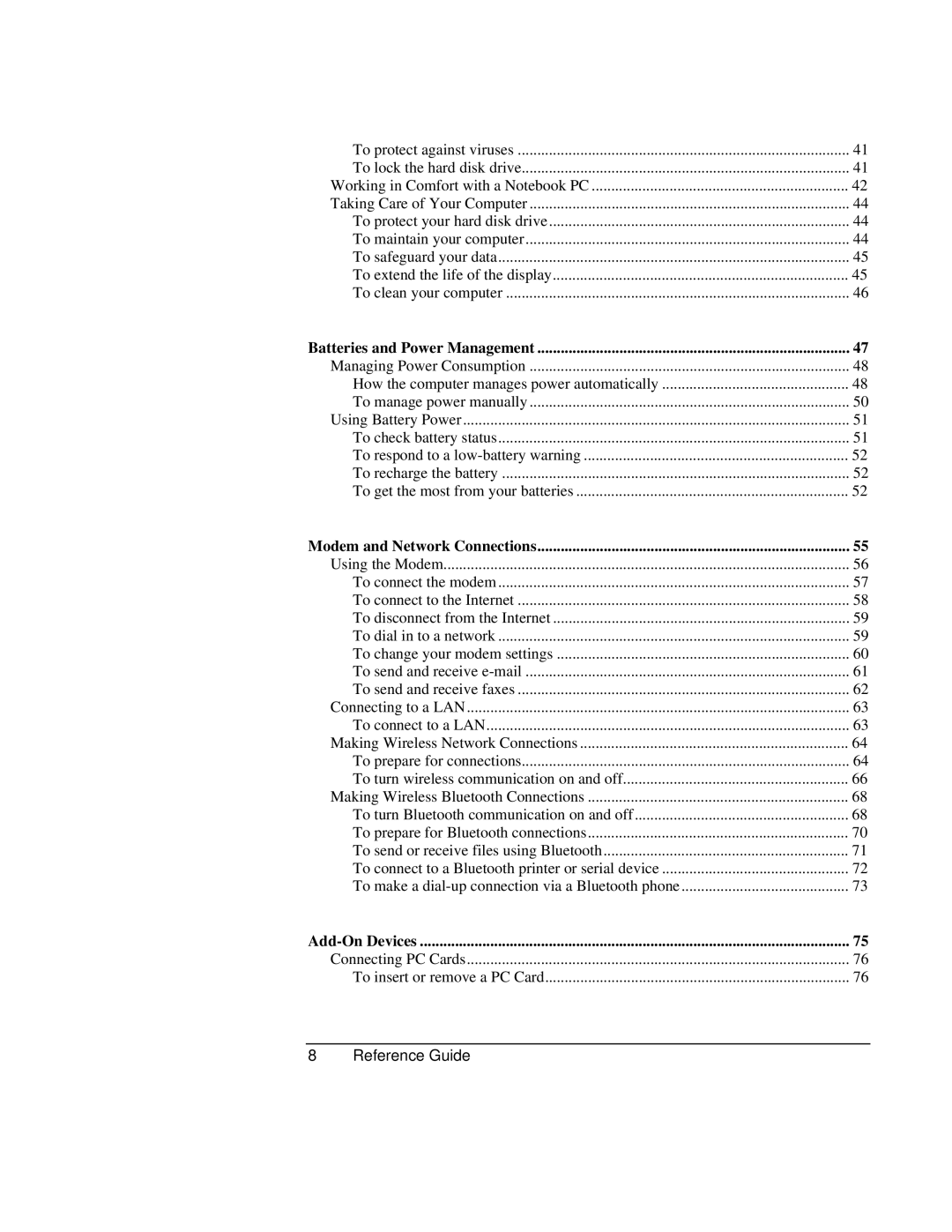 HP AMC20493-001-KT5, AMC20493-001-KT3 manual Batteries and Power Management, Modem and Network Connections, Add-On Devices 