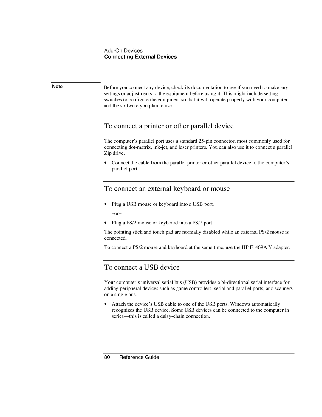 HP AMC20493-001-KT5 manual To connect a printer or other parallel device, To connect an external keyboard or mouse 