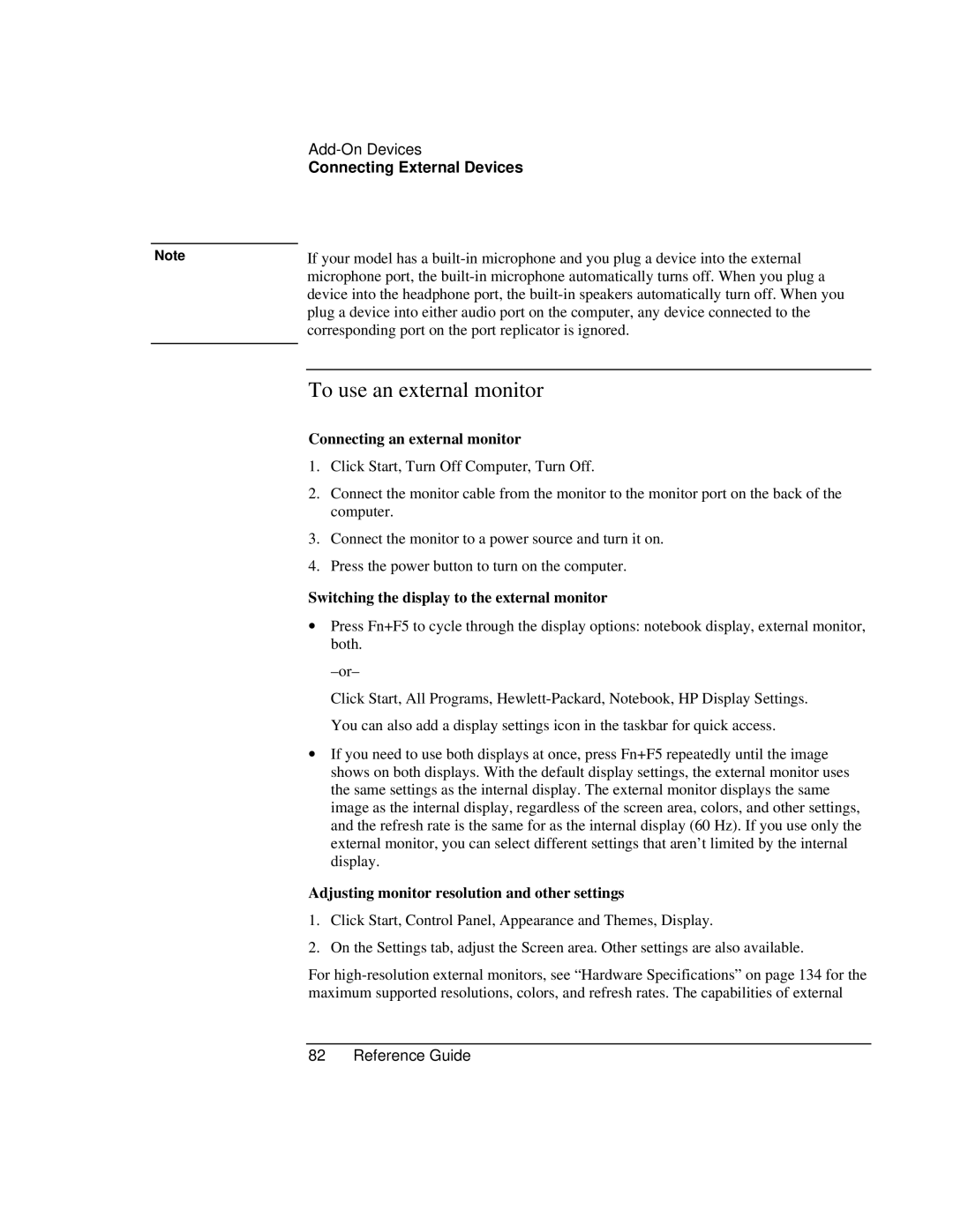 HP AMC20493-001 To use an external monitor, Connecting an external monitor, Switching the display to the external monitor 