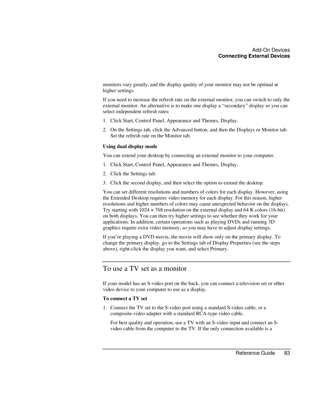 HP AMC20493-001-KT1, AMC20493-001-KT5 manual To use a TV set as a monitor, Using dual display mode, To connect a TV set 