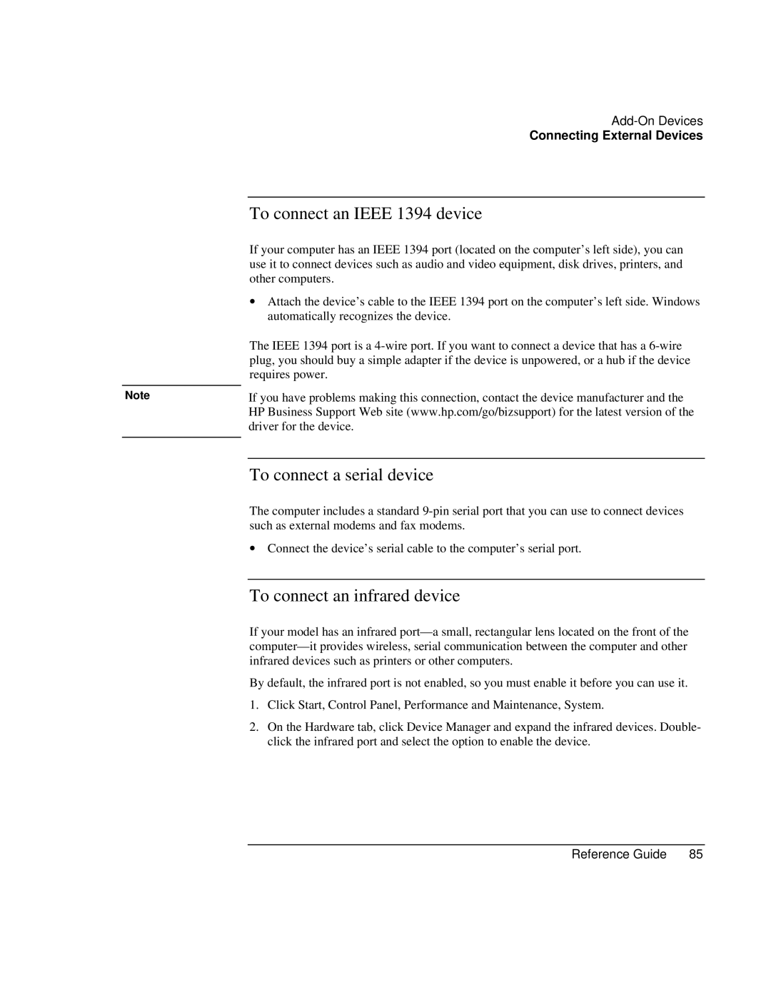 HP AMC20493-001-KT3 manual To connect an Ieee 1394 device, To connect a serial device, To connect an infrared device 