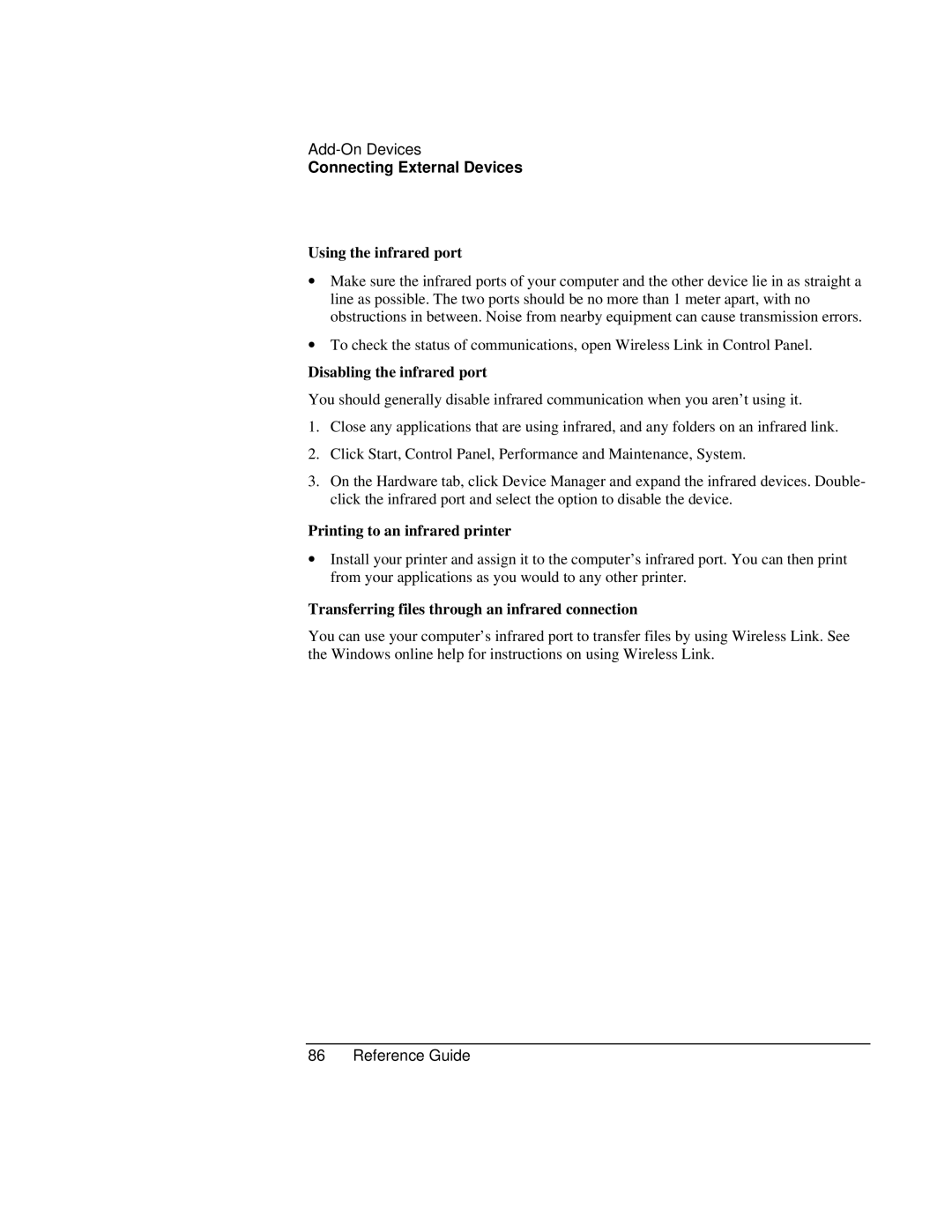 HP AMC20493-001-KT5 manual Using the infrared port, Disabling the infrared port, Printing to an infrared printer 