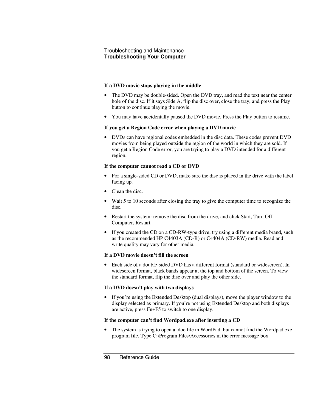 HP AMC20493-001 manual If a DVD movie stops playing in the middle, If you get a Region Code error when playing a DVD movie 