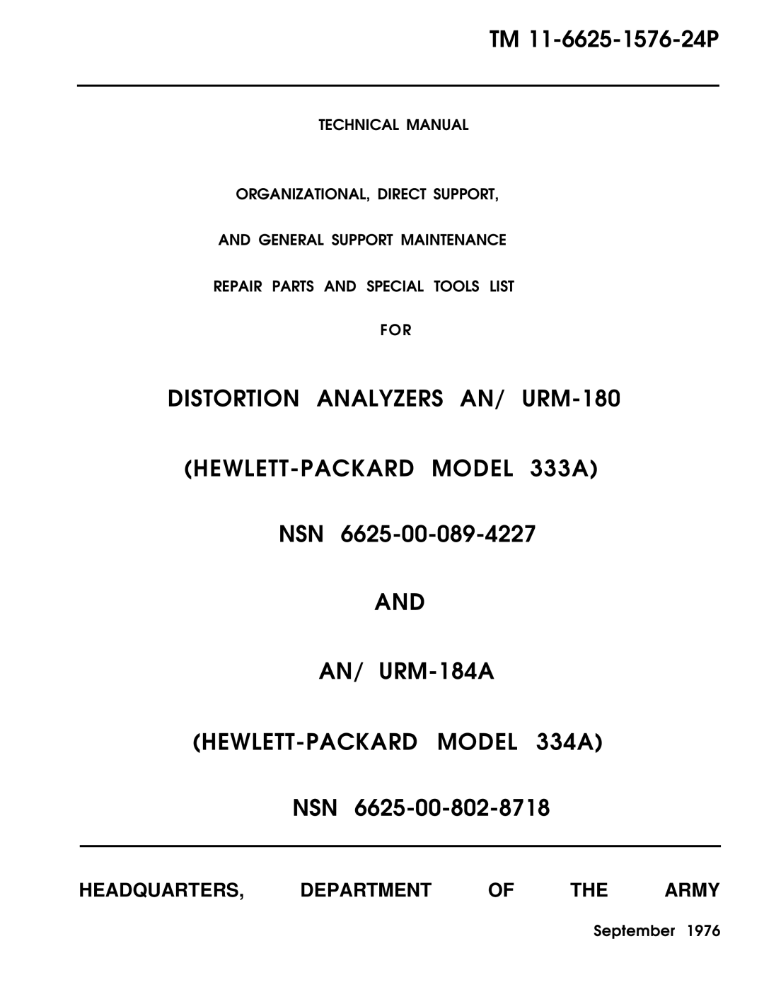 HP URM-184A manual Distortion Analyzers AN/ URM-180 HEWLETT-PACKARD Model 333A 