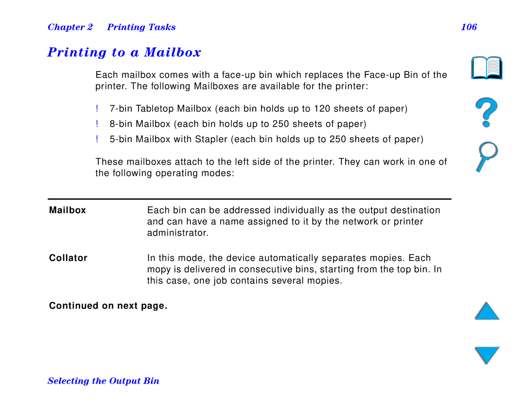 HP and 8150 MFP manual Printing to a Mailbox, Printing Tasks 106, Collator 