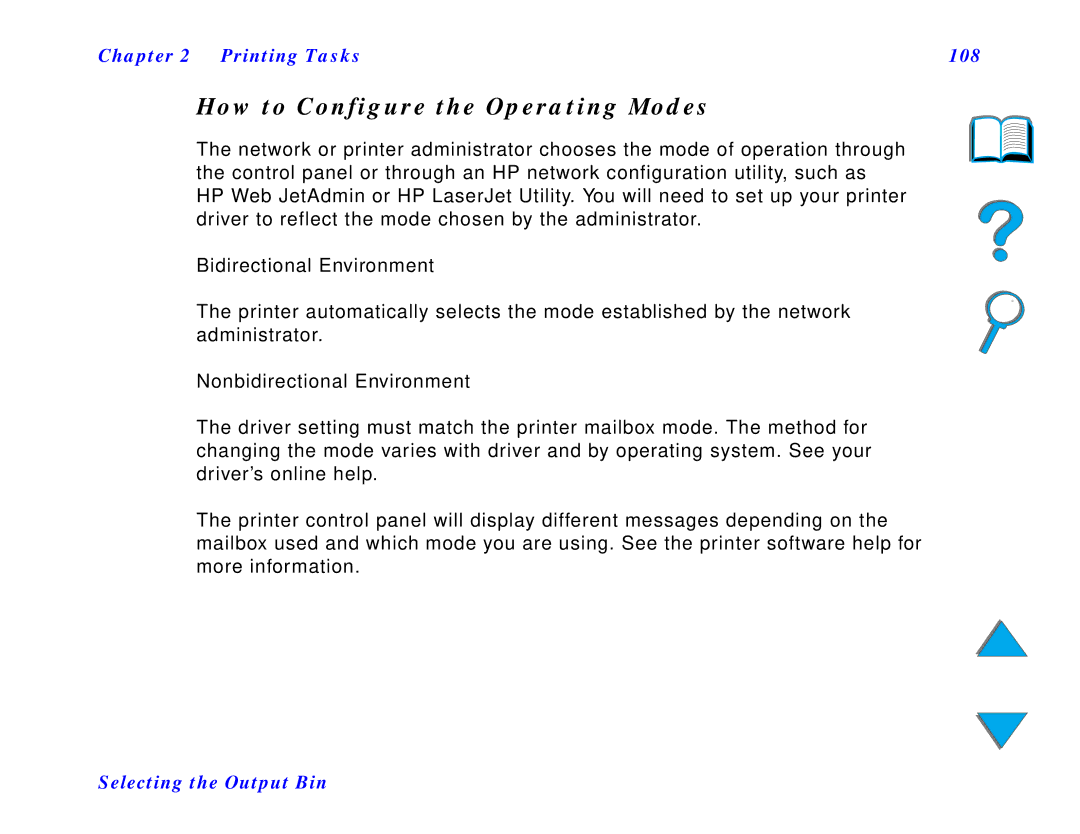 HP and 8150 MFP manual How to Configure the Operating Modes, Printing Tasks 108, Bidirectional Environment 