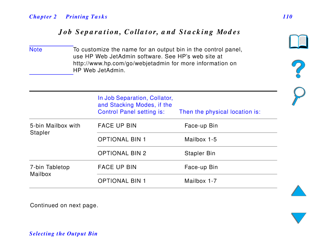 HP and 8150 MFP manual Job Separation, Collator, and Stacking Modes, Printing Tasks 110, Bin Tabletop 