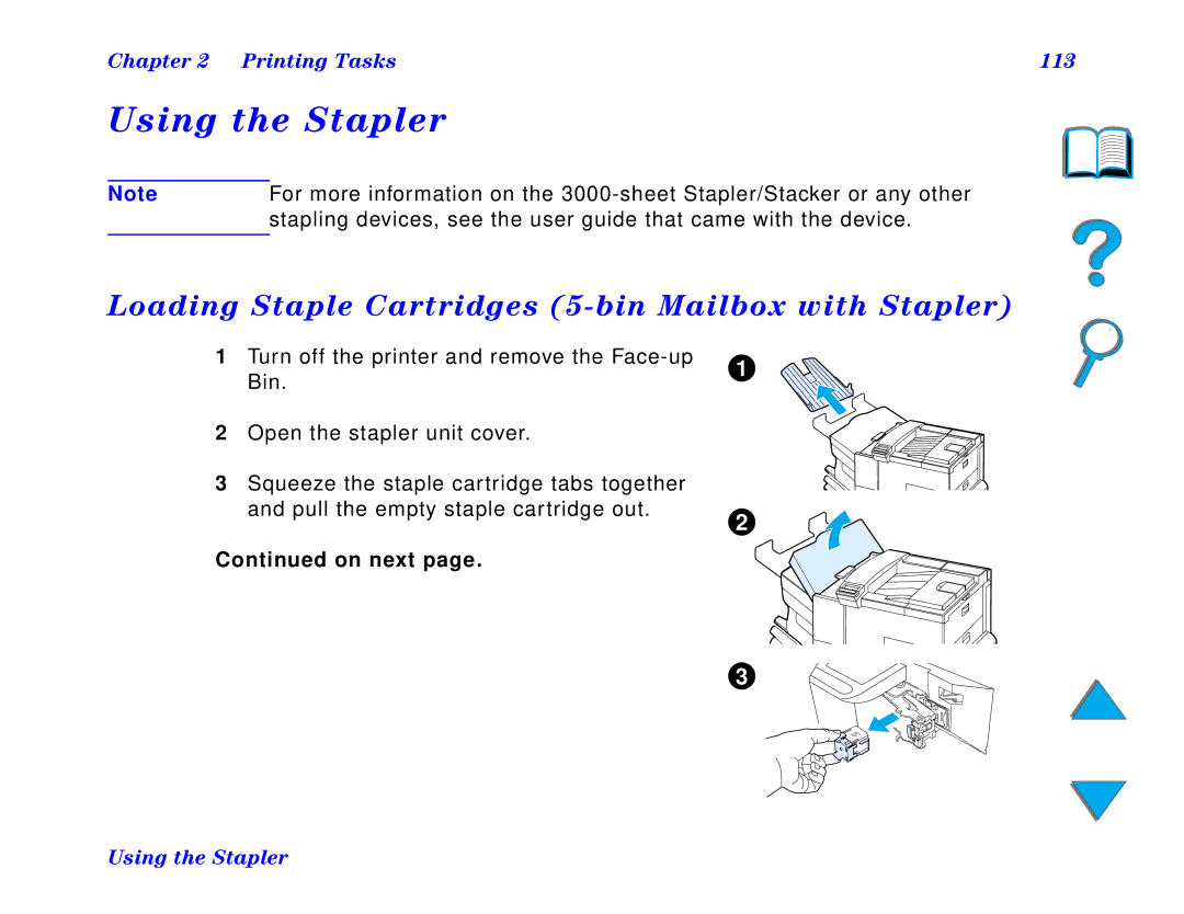 HP and 8150 MFP manual Using the Stapler, Loading Staple Cartridges 5-bin Mailbox with Stapler, Printing Tasks 113 